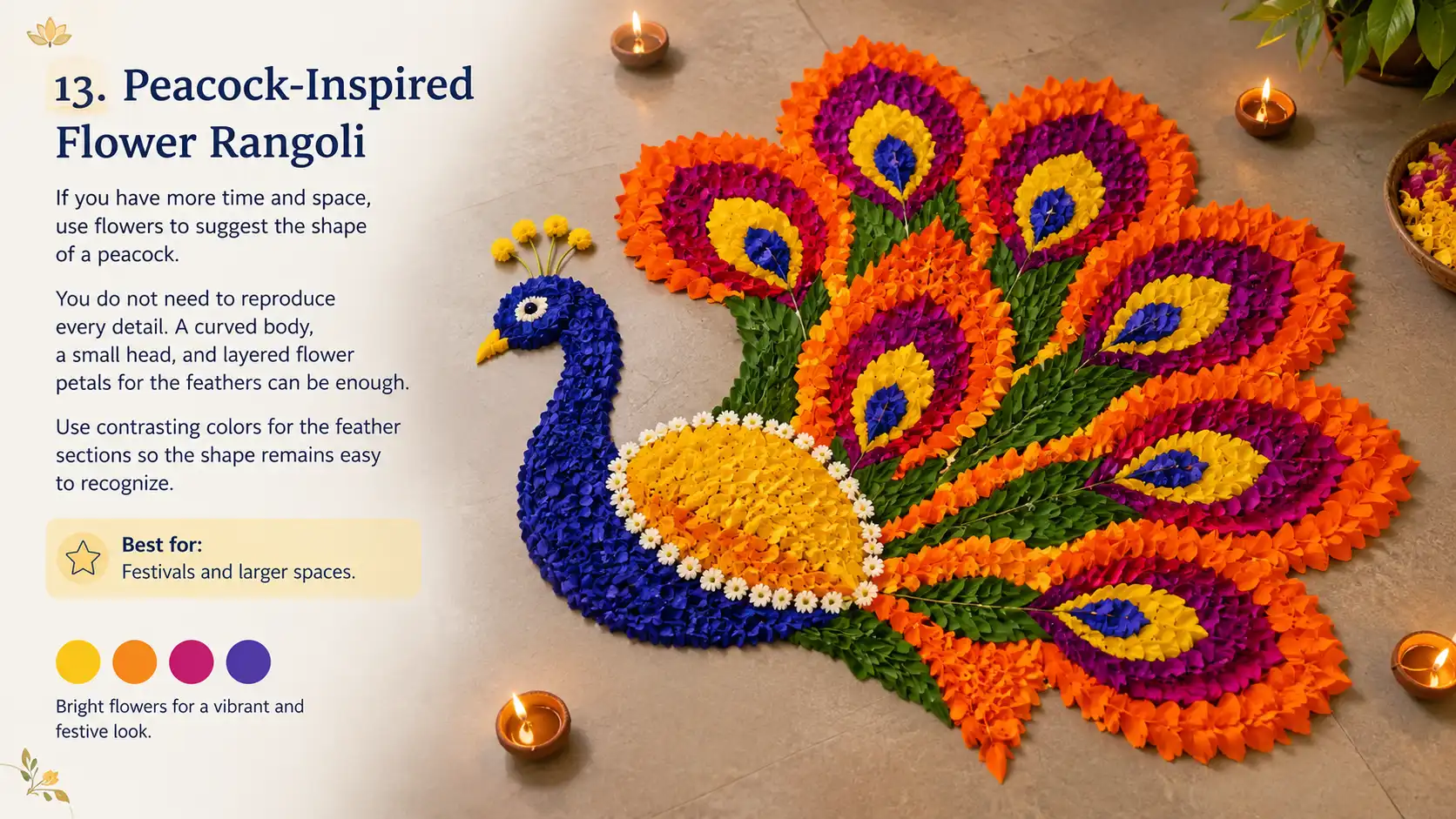 Peacock-shaped flower rangoli with colorful layered petals