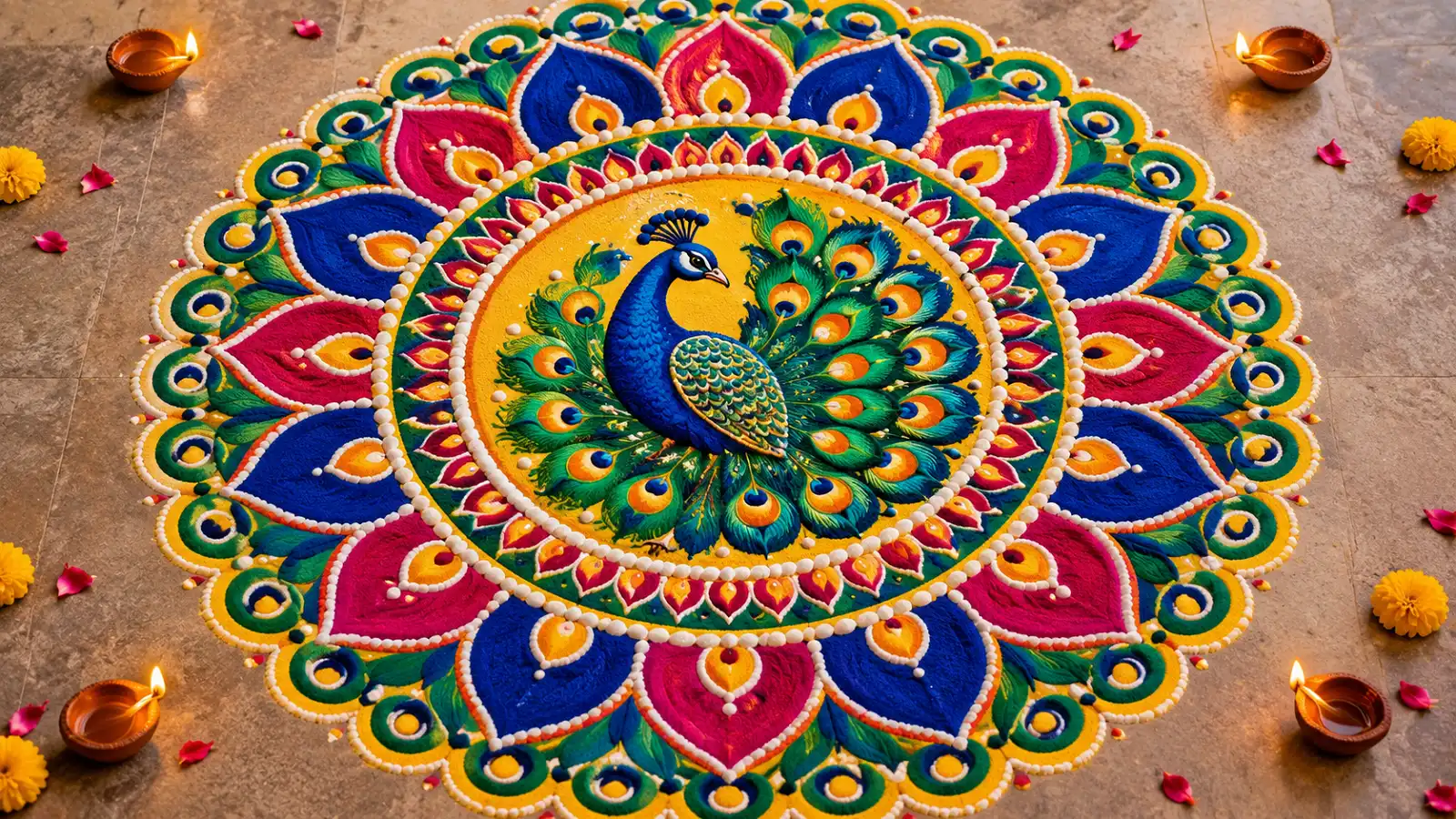 Peacock mandala rangoli with colorful petals and patterns