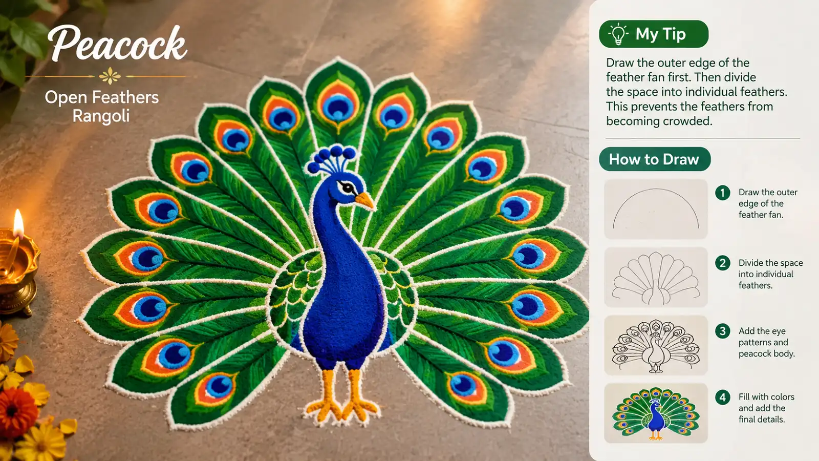 Peacock rangoli decorated with colorful flowers and leaves