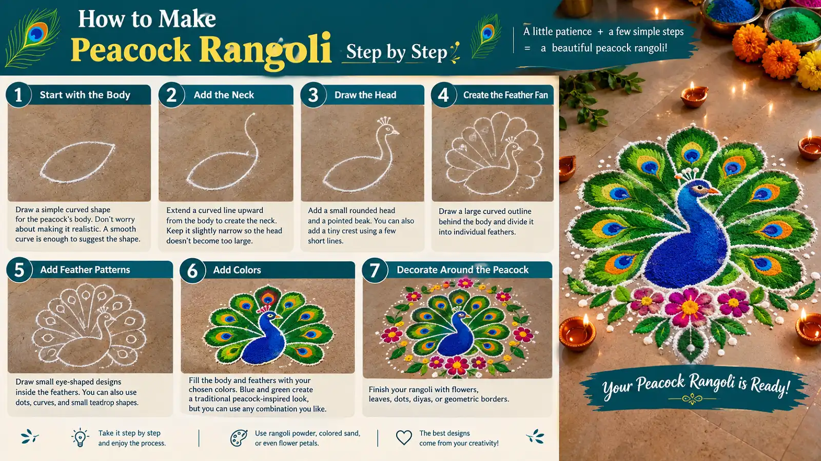 Step-by-step peacock rangoli design guide