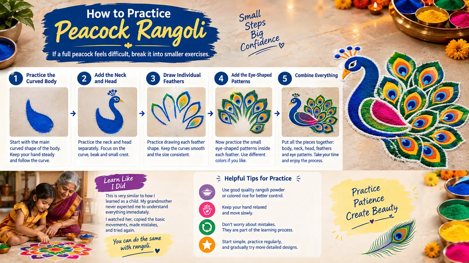 Peacock rangoli practice steps