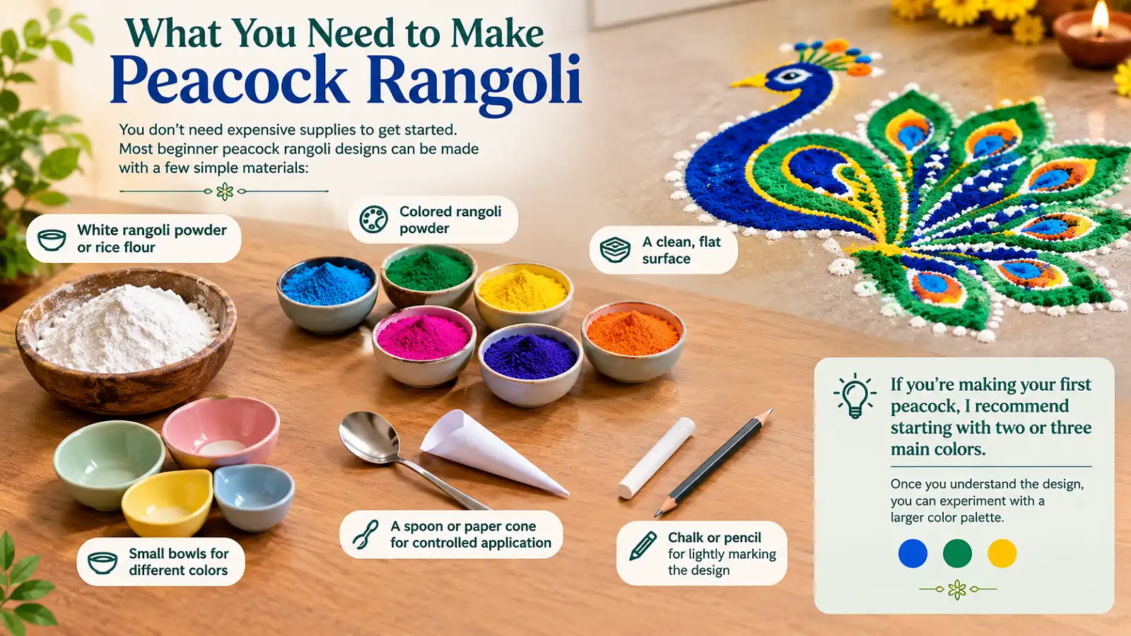 Peacock rangoli supplies including colored powders, bowls, spoon, paper cone, chalk, and pencil