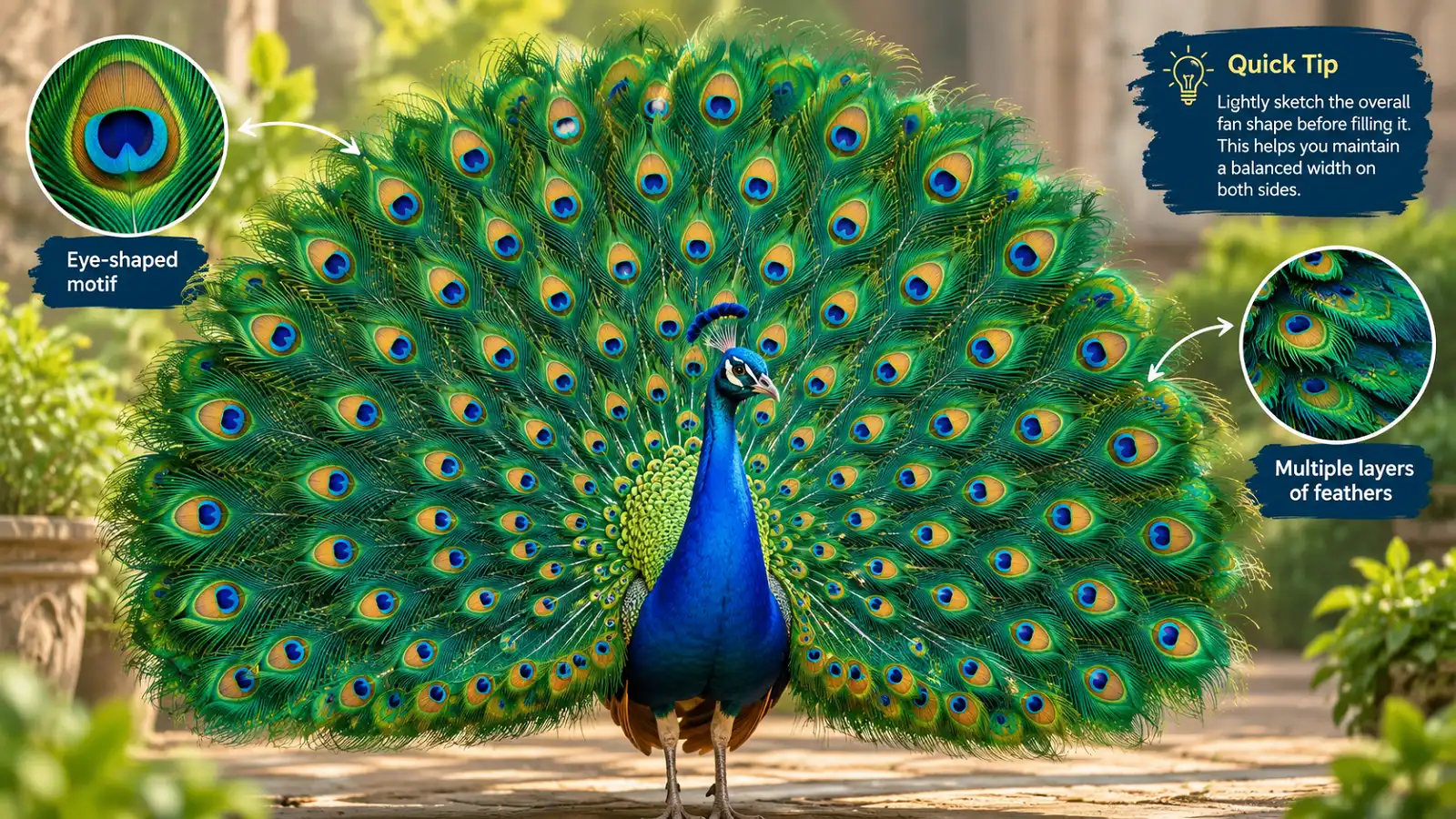 Peacock with a large fan of eye-patterned feathers