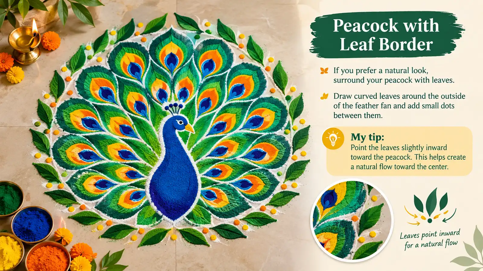 Peacock rangoli with green leaf border and colorful feather patterns
