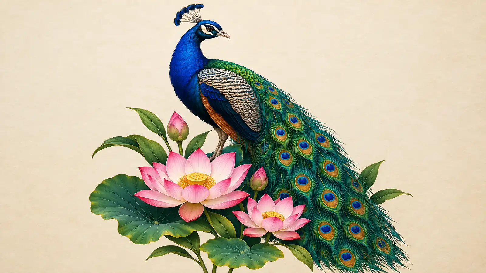 Peacock with pink lotus flowers and green leaves