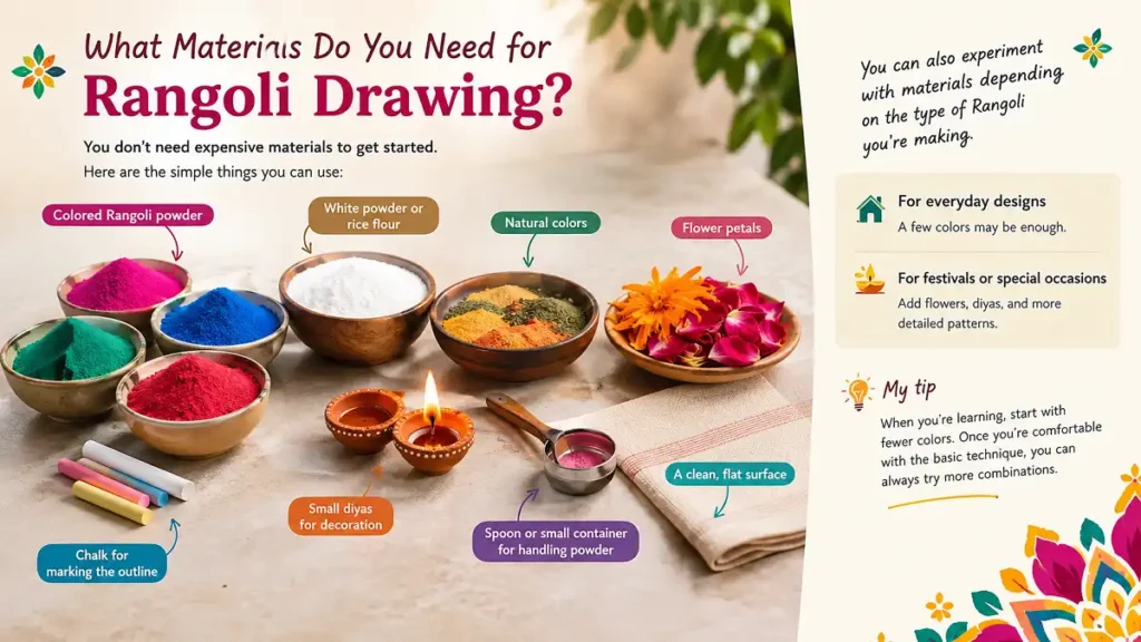 Materials needed for Rangoli drawing including colored powder, rice flour, flowers, chalk, diyas, and utensils