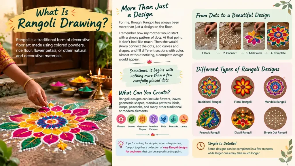 Traditional Rangoli drawing made with colorful powders, showing the process from simple dots to a finished design