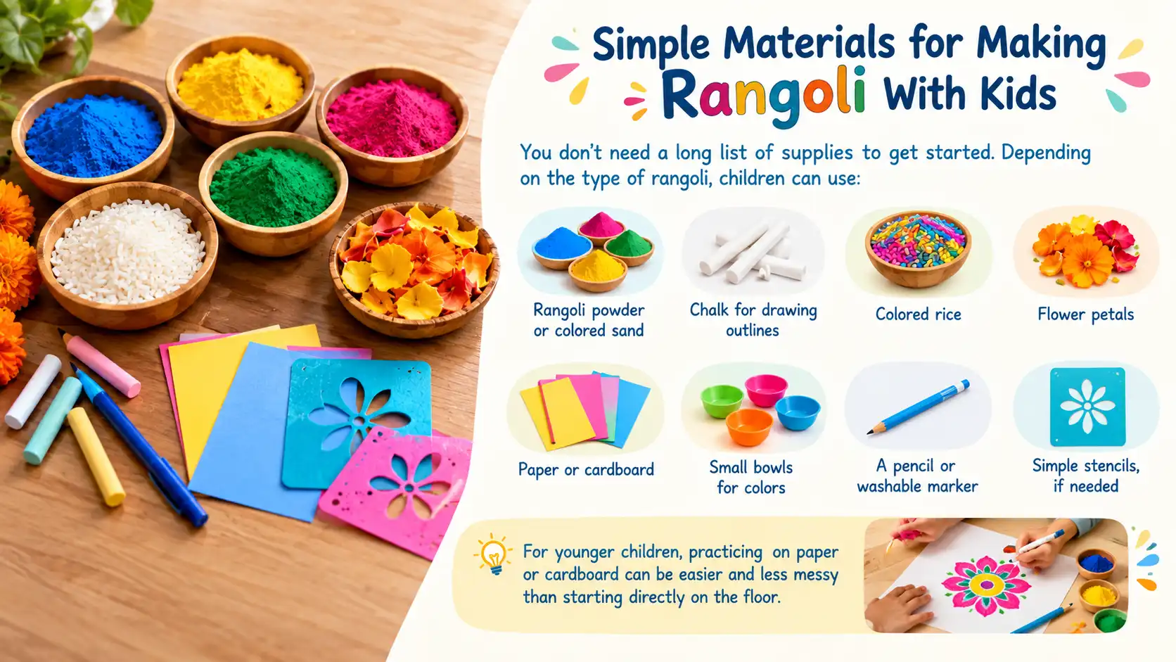 Rangoli supplies arranged with colorful infographic labels