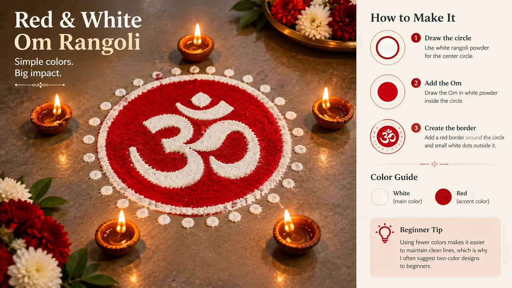 Red and white Om rangoli with dotted border and diyas.