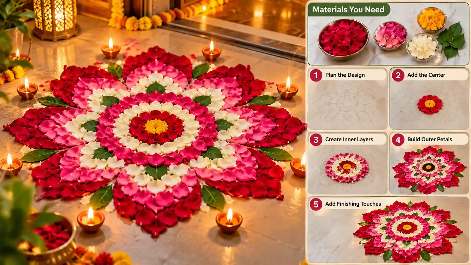 Rose petal rangoli design with red and pink flowers