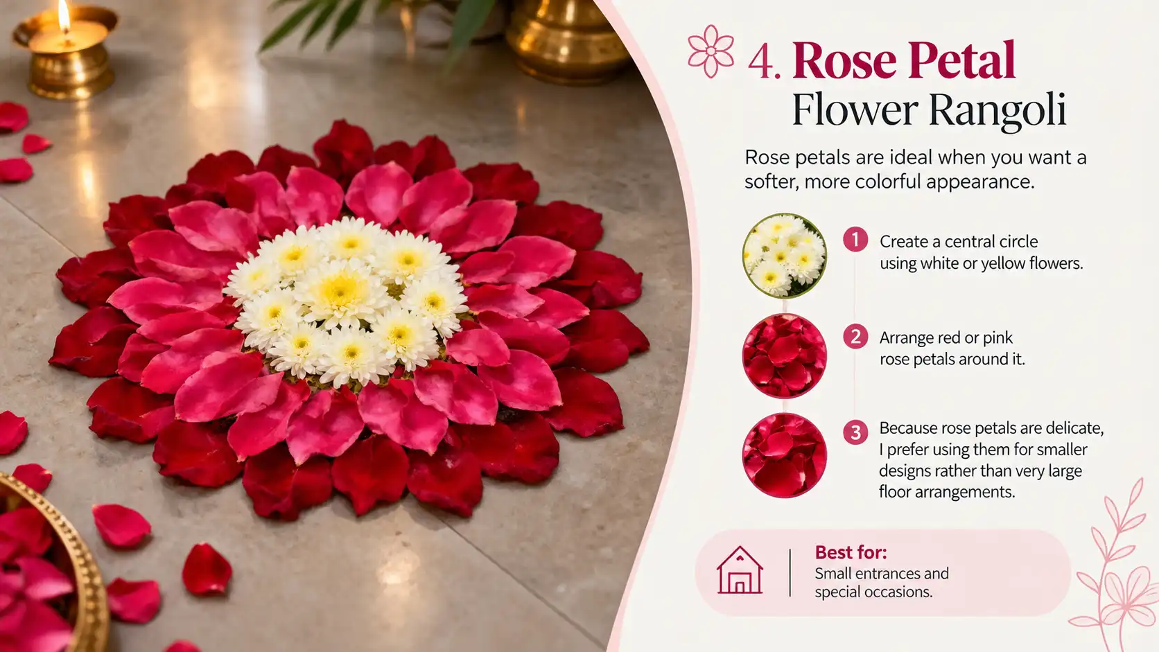 Red and pink rose petal rangoli with white flowers