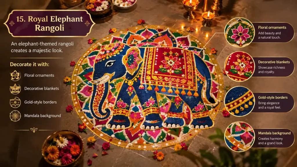 Royal elephant rangoli decorated with floral ornaments, red and gold blanket, borders, and mandala background