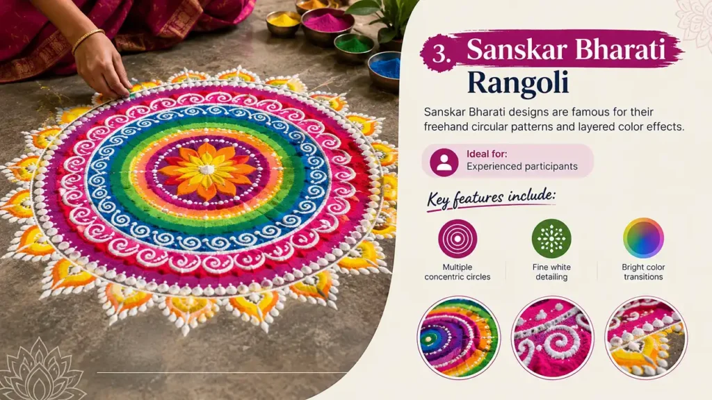 Colorful Sanskar Bharati rangoli with concentric circles and intricate white detailing