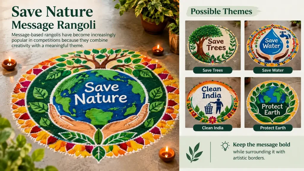 Save nature message rangoli with environmental themes and artistic borders