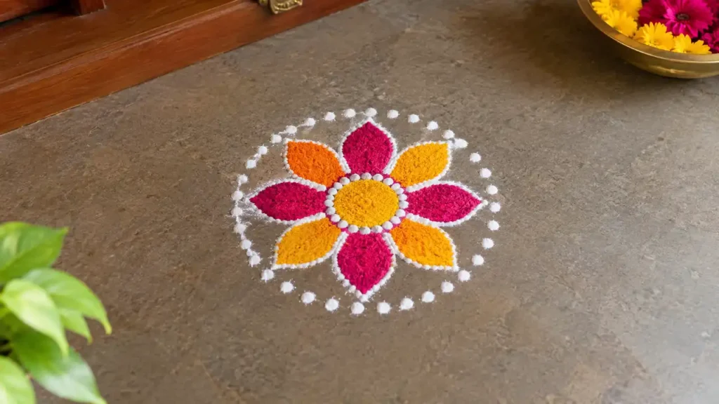 Small eight-petal floral mandala rangoli with colorful petals and white dots