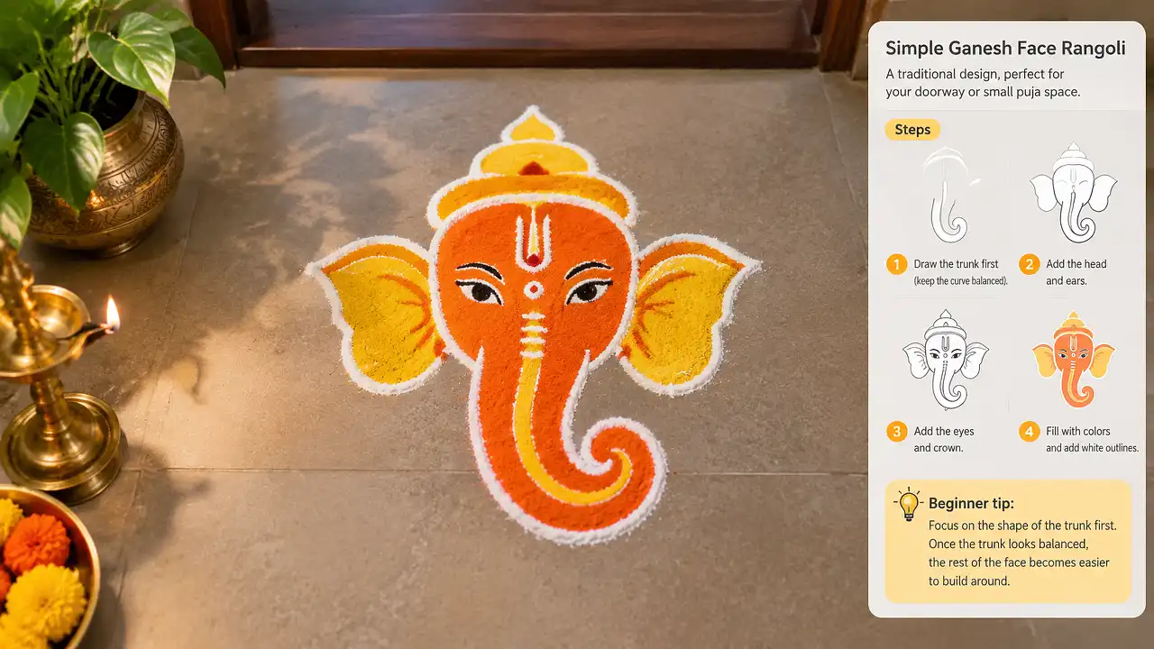 Simple Ganesh face rangoli design