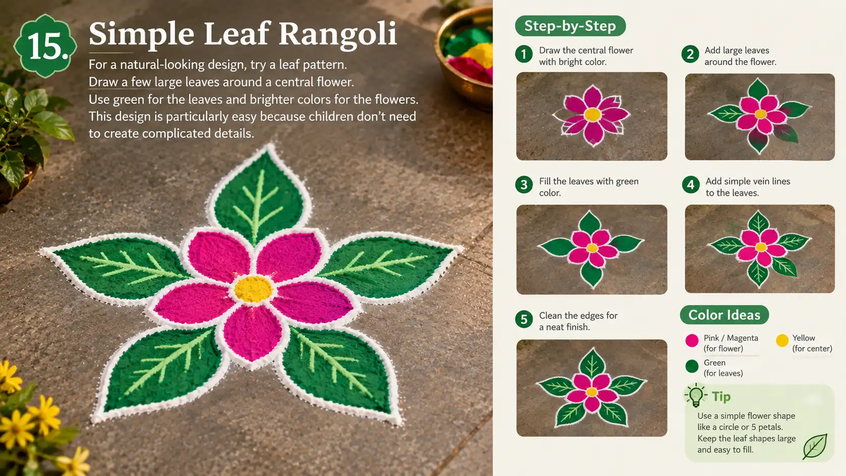 Green leaf rangoli with a bright pink flower