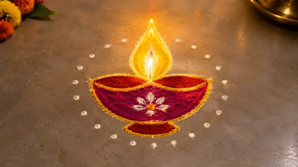 Single diya rangoli with bright yellow flame and white dots