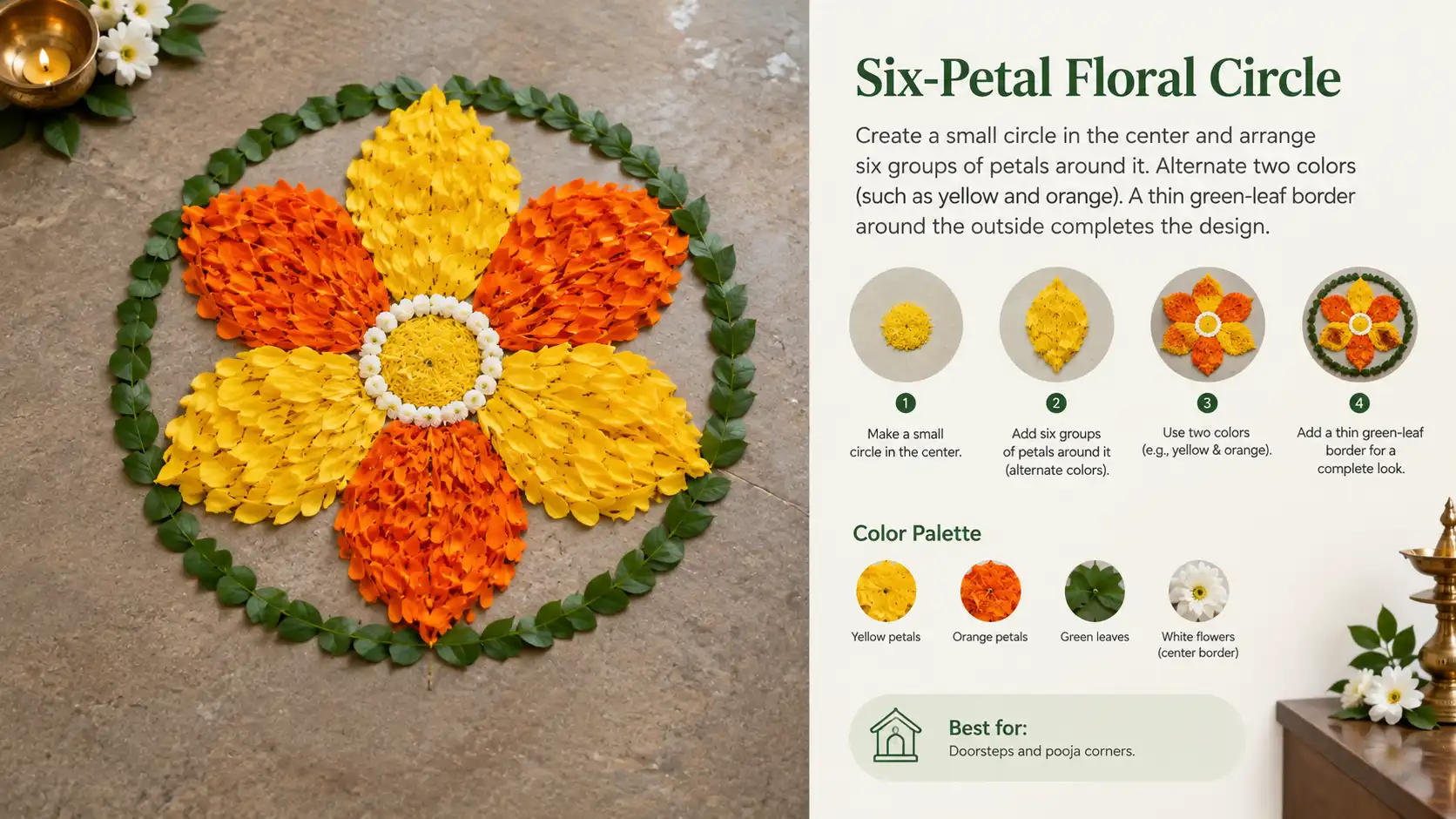 Six-petal yellow and orange floral rangoli with a green leaf border