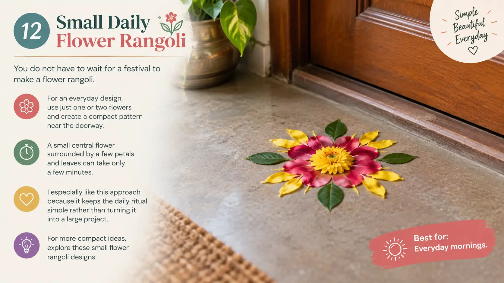 Small flower rangoli with petals and leaves near a doorway