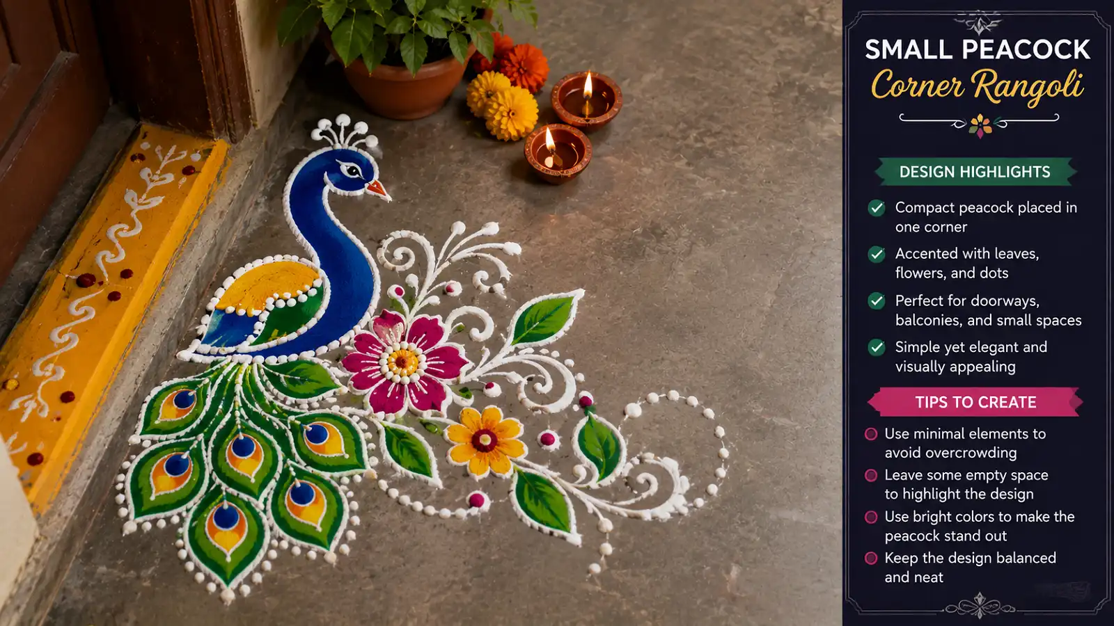 Small peacock rangoli with flowers and leaves in a corner