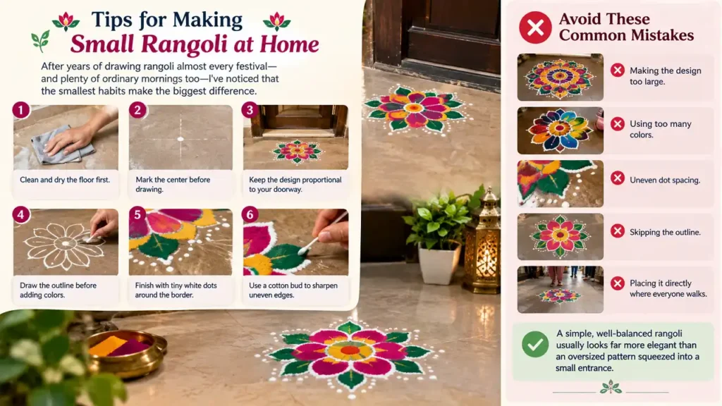 Infographic showing tips for creating a small rangoli at home