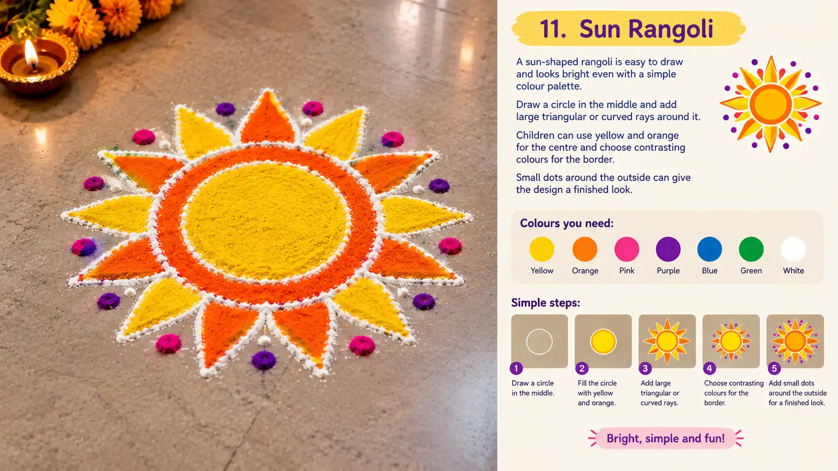 Bright yellow and orange sun-shaped rangoli with colorful border dots