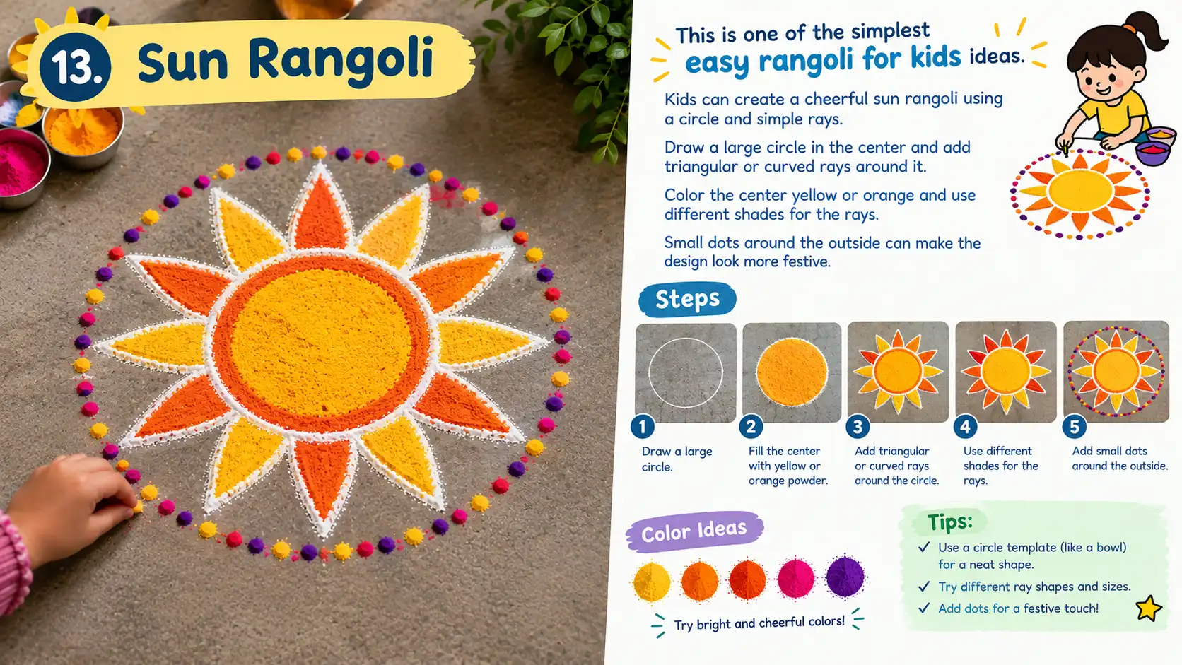 Colorful sun-shaped rangoli with bright rays and festive dots