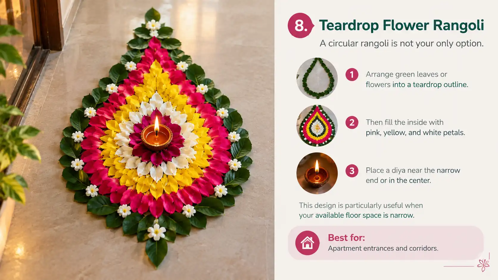 Teardrop flower rangoli with colorful petals and diya