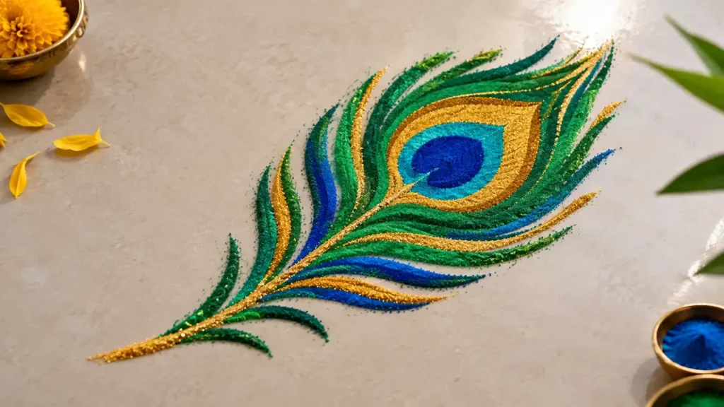 Tiny peacock feather rangoli in blue green and gold