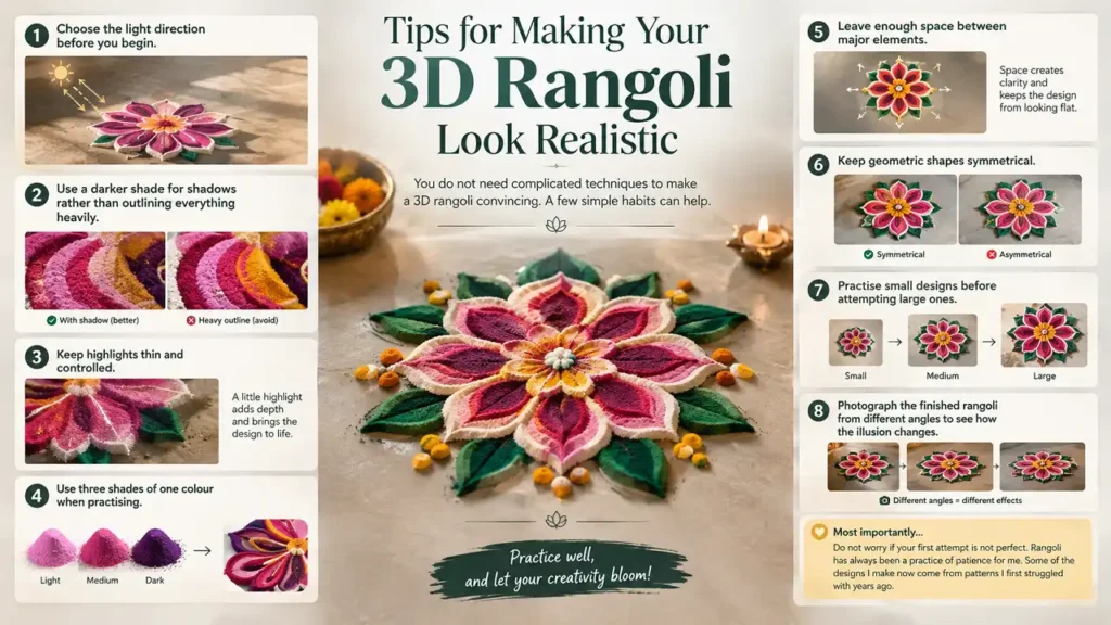 Tips for making a realistic 3D rangoli with shadows and highlights