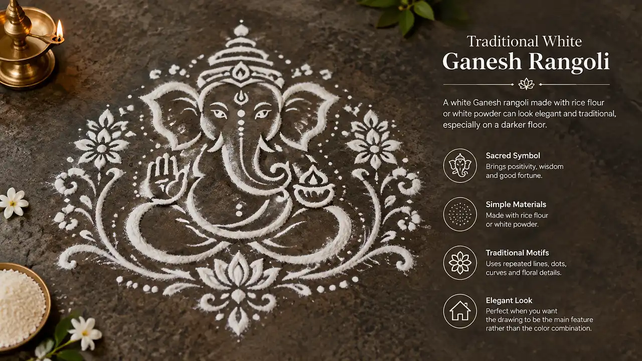 White Ganesh rangoli with traditional floral patterns
