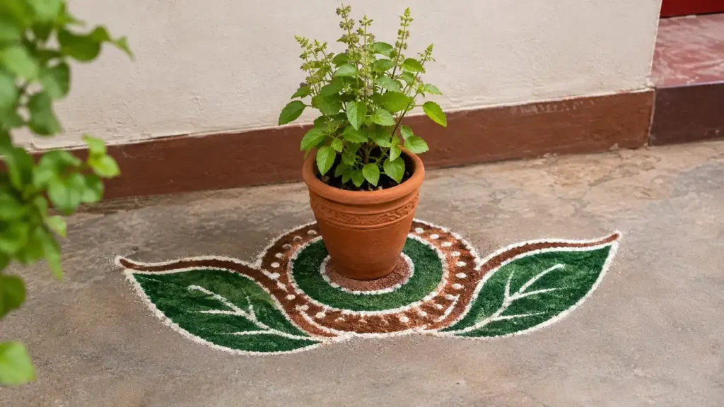 Tulsi pot rangoli with terracotta pot green leaves and earthy accents