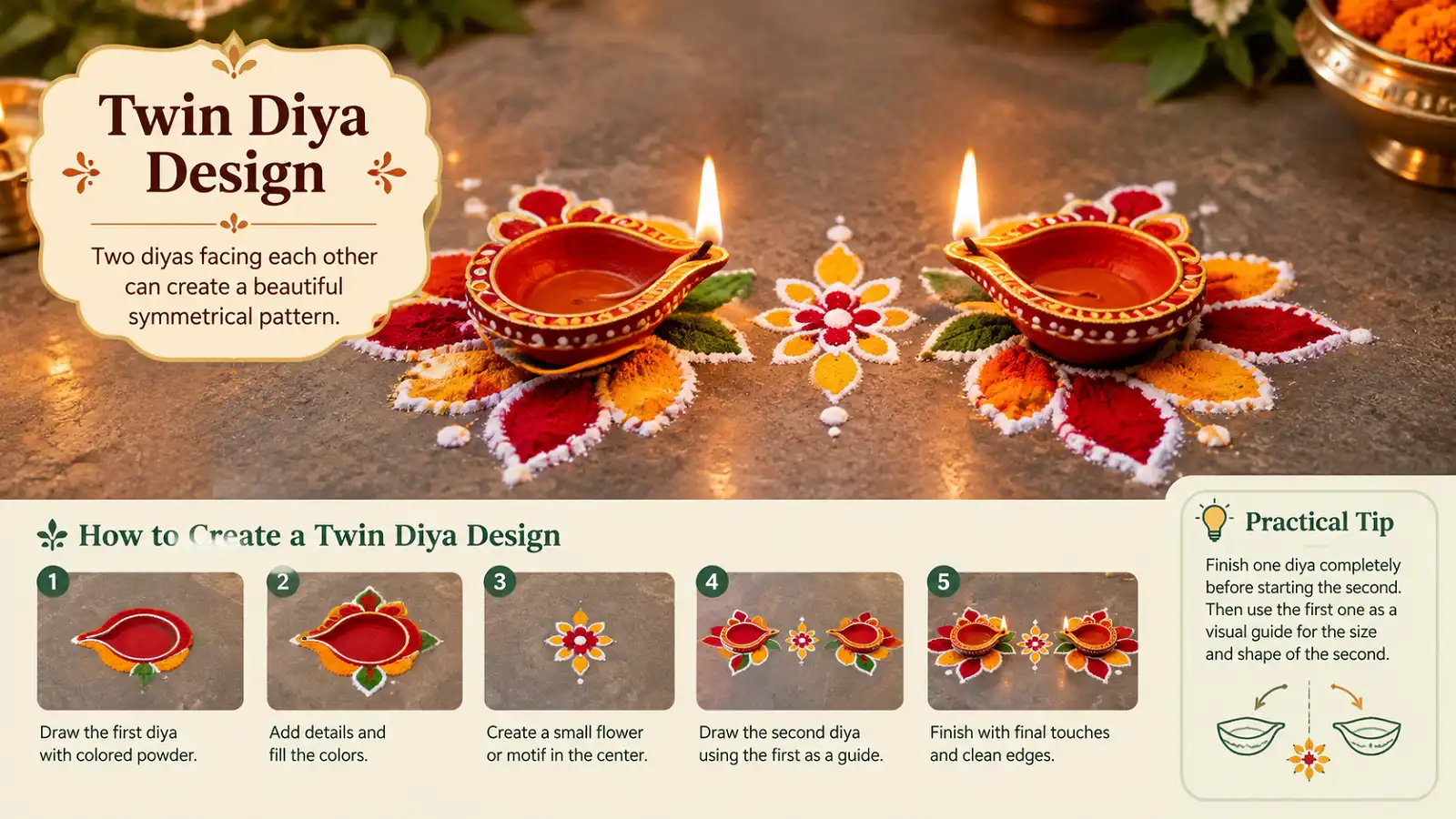 Twin diyas facing each other in a colorful rangoli design