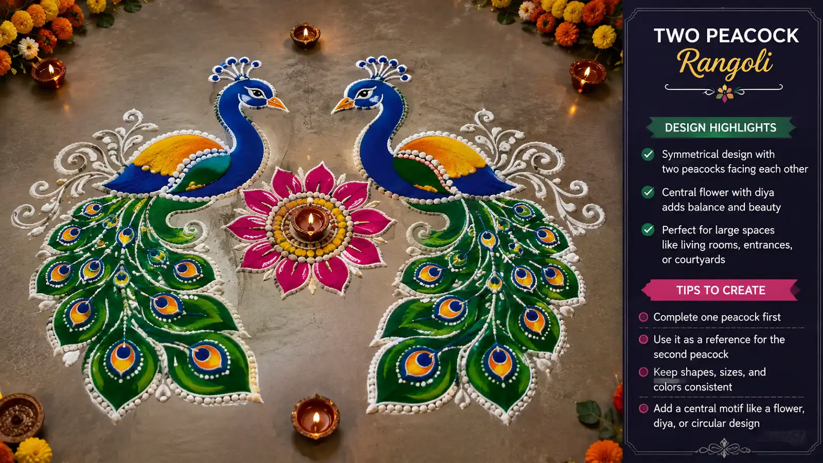 Two peacocks facing each other in a colorful rangoli