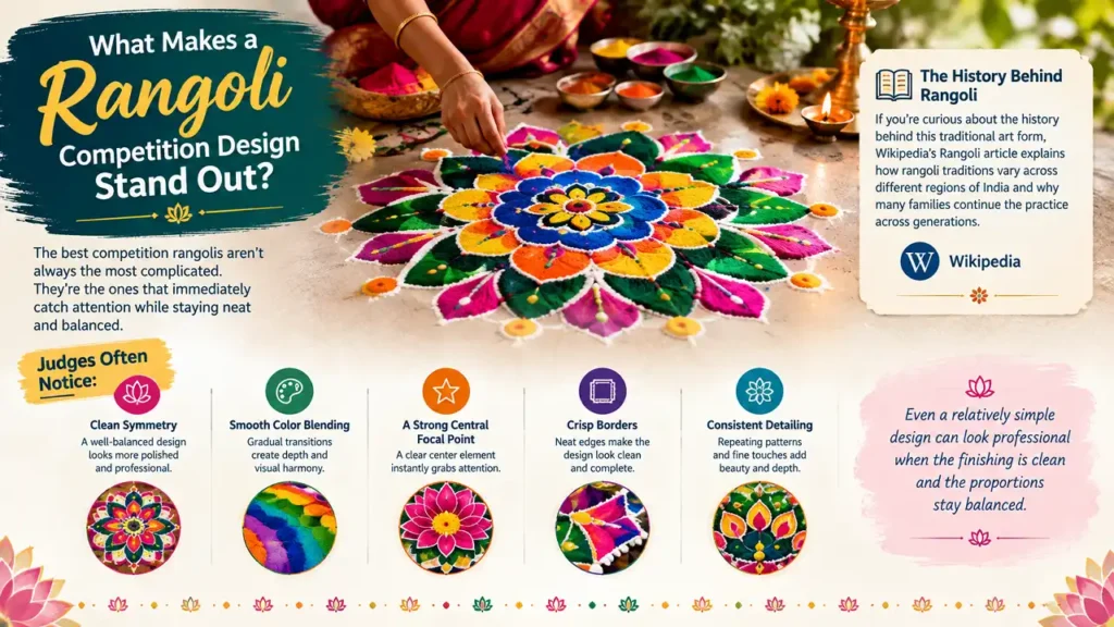 Colorful rangoli showing five key competition qualities including symmetry, color blending, focal point, crisp borders, and detailed finishing
