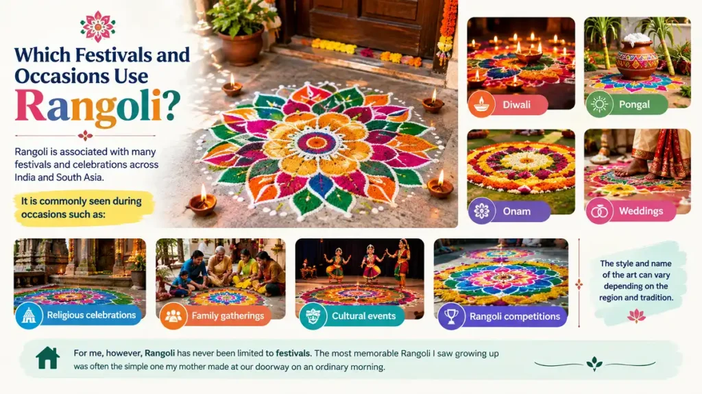 Rangoli designs displayed for Diwali, Pongal, Onam, weddings, and cultural events