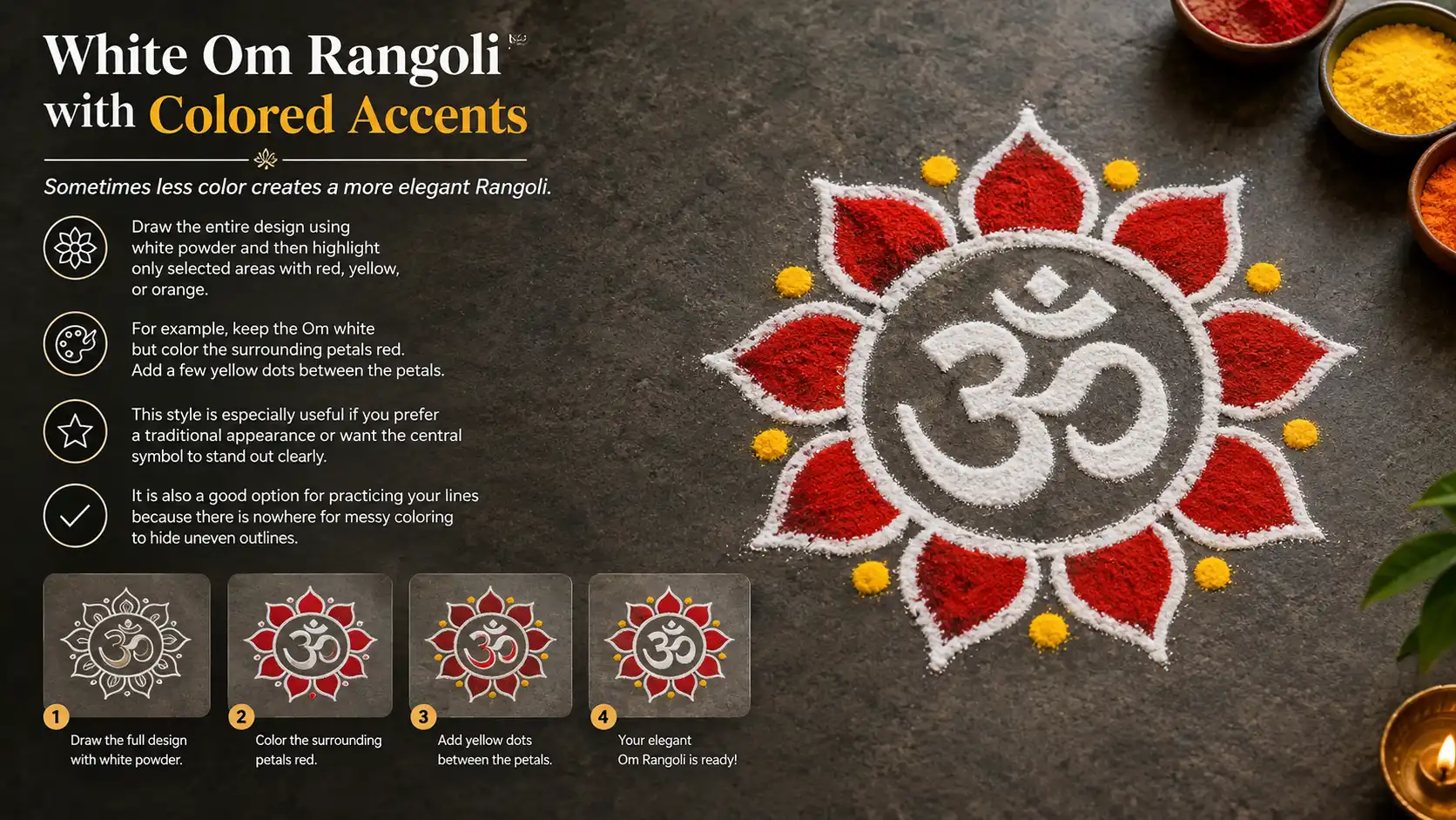 White Om Rangoli with red petals and yellow accents.