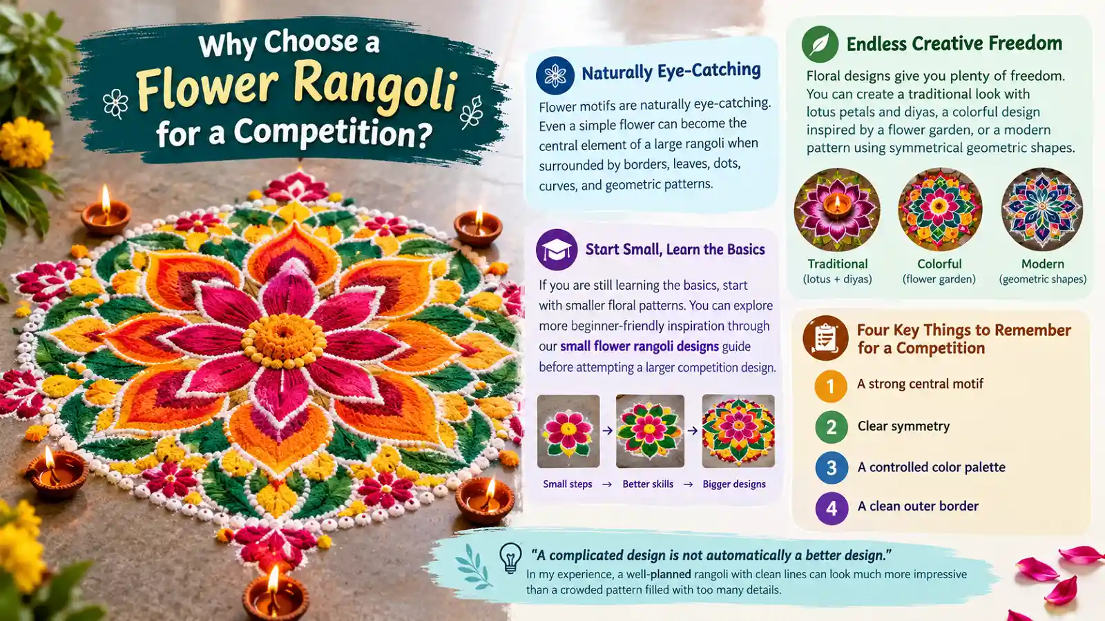 Colorful flower rangoli competition design with a central floral motif, symmetrical patterns, diyas, and a clean decorative border