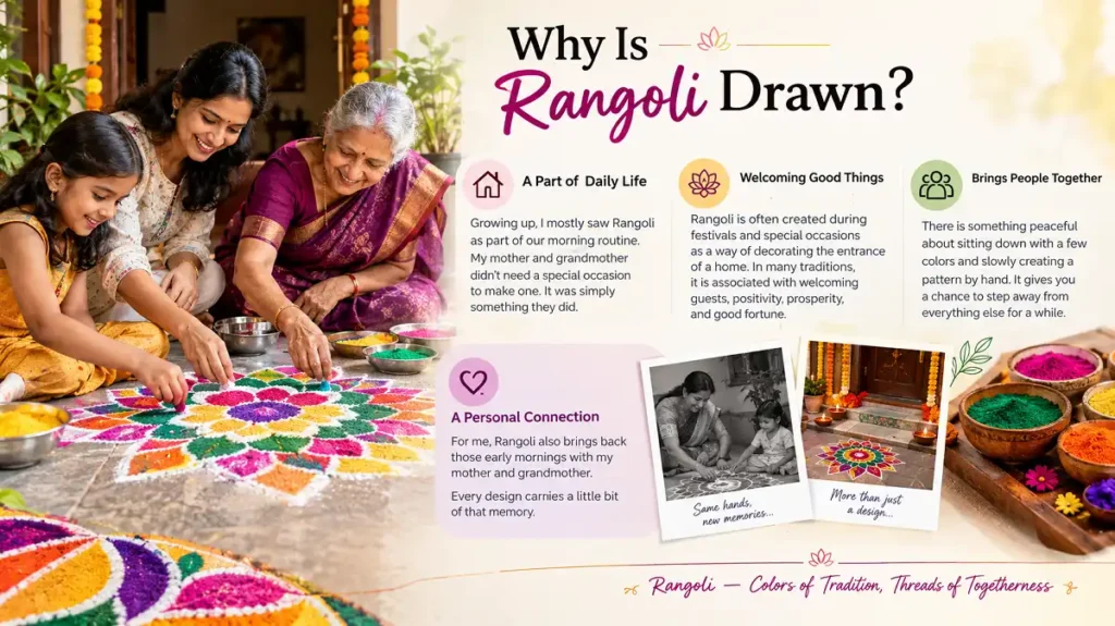 Family creating a colorful rangoli together at home
