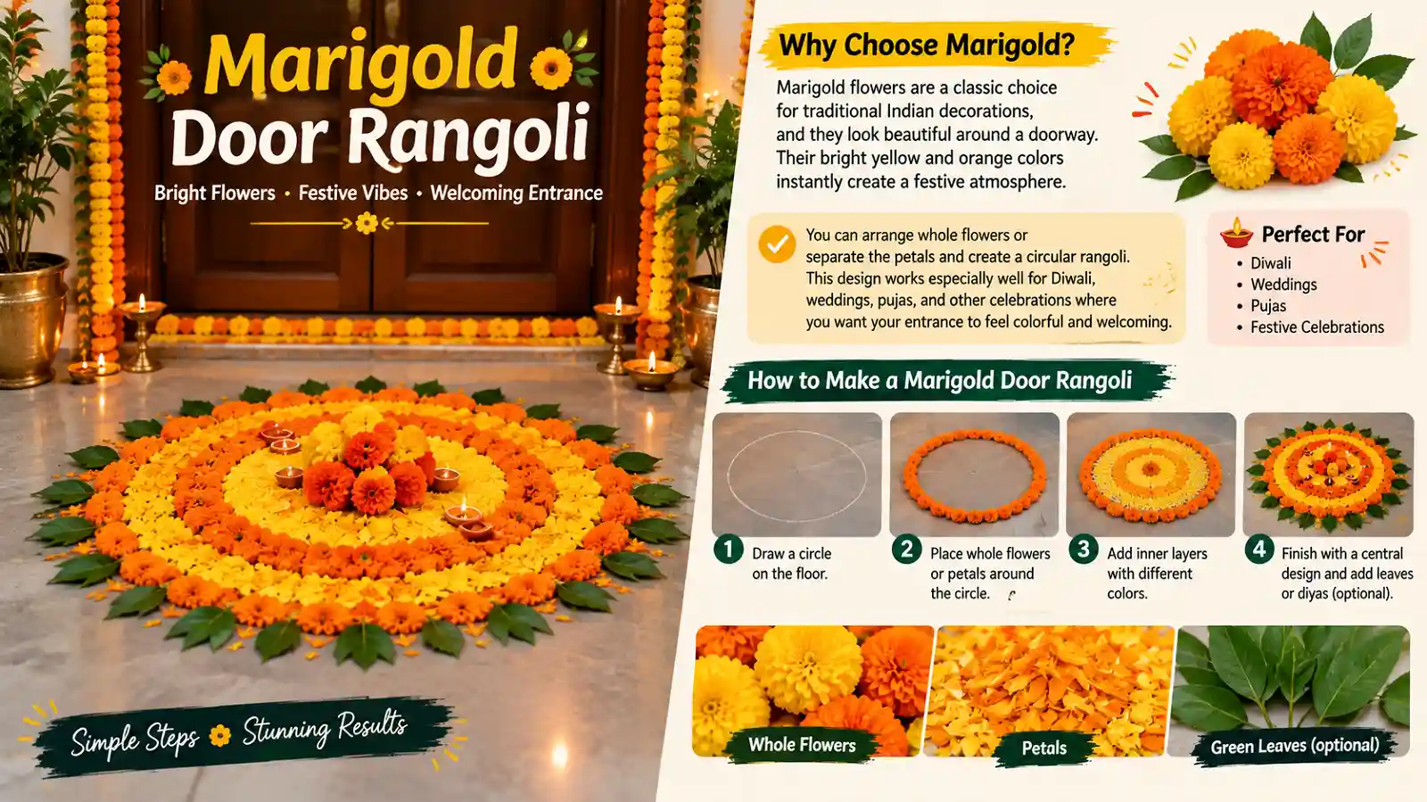 Marigold door rangoli design with bright yellow and orange flowers