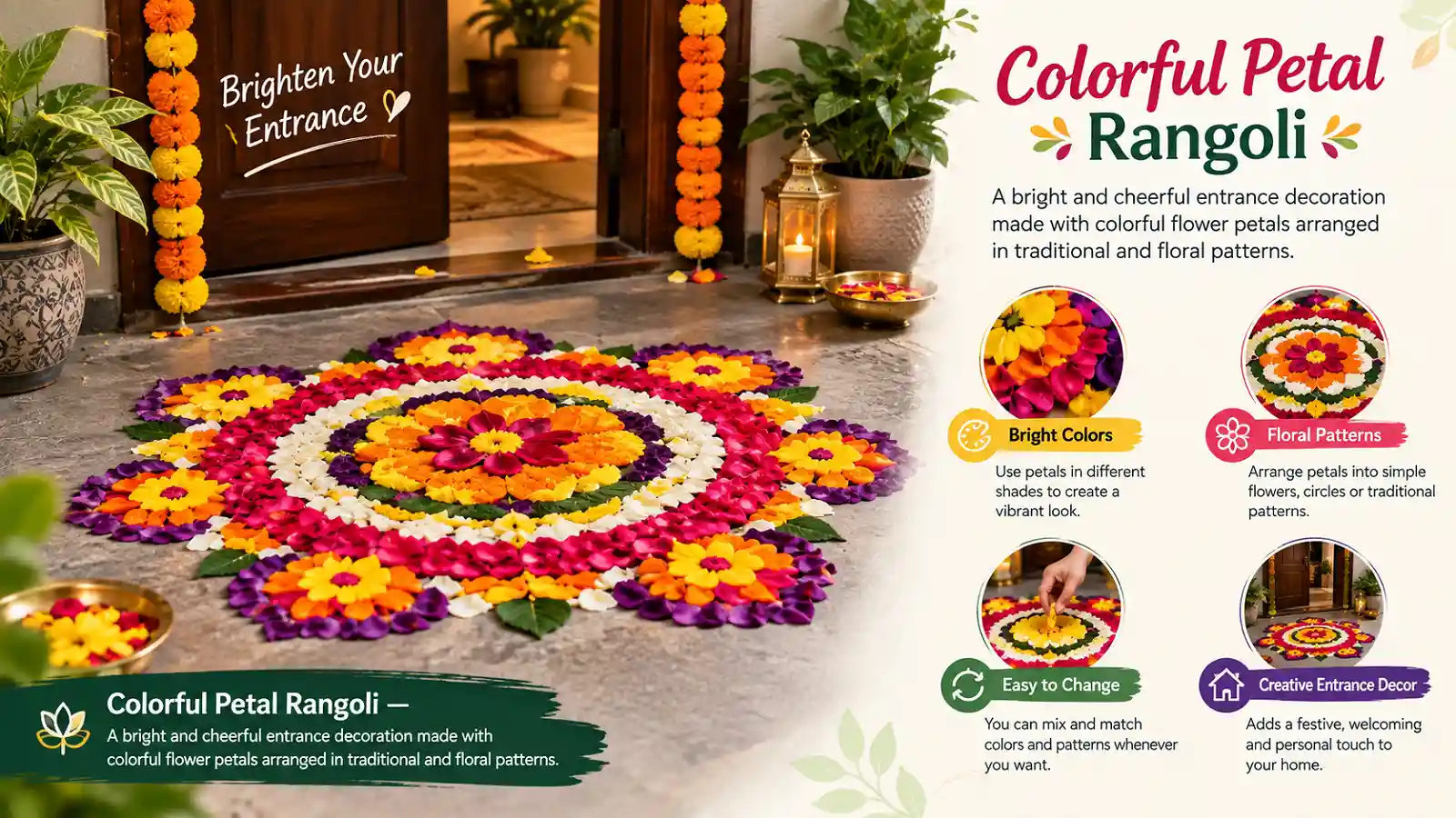 Colorful petal rangoli design with bright flower petals arranged at a doorway