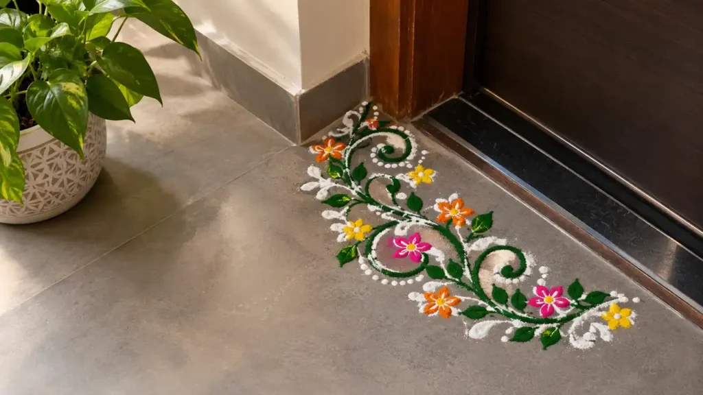 Corner rangoli design with curved vines tiny flowers and white accents