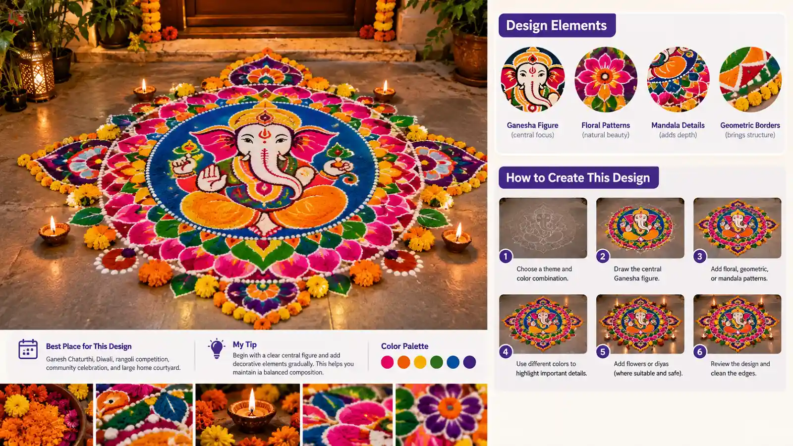 Creative Ganesha rangoli with floral, mandala and geometric patterns for festivals