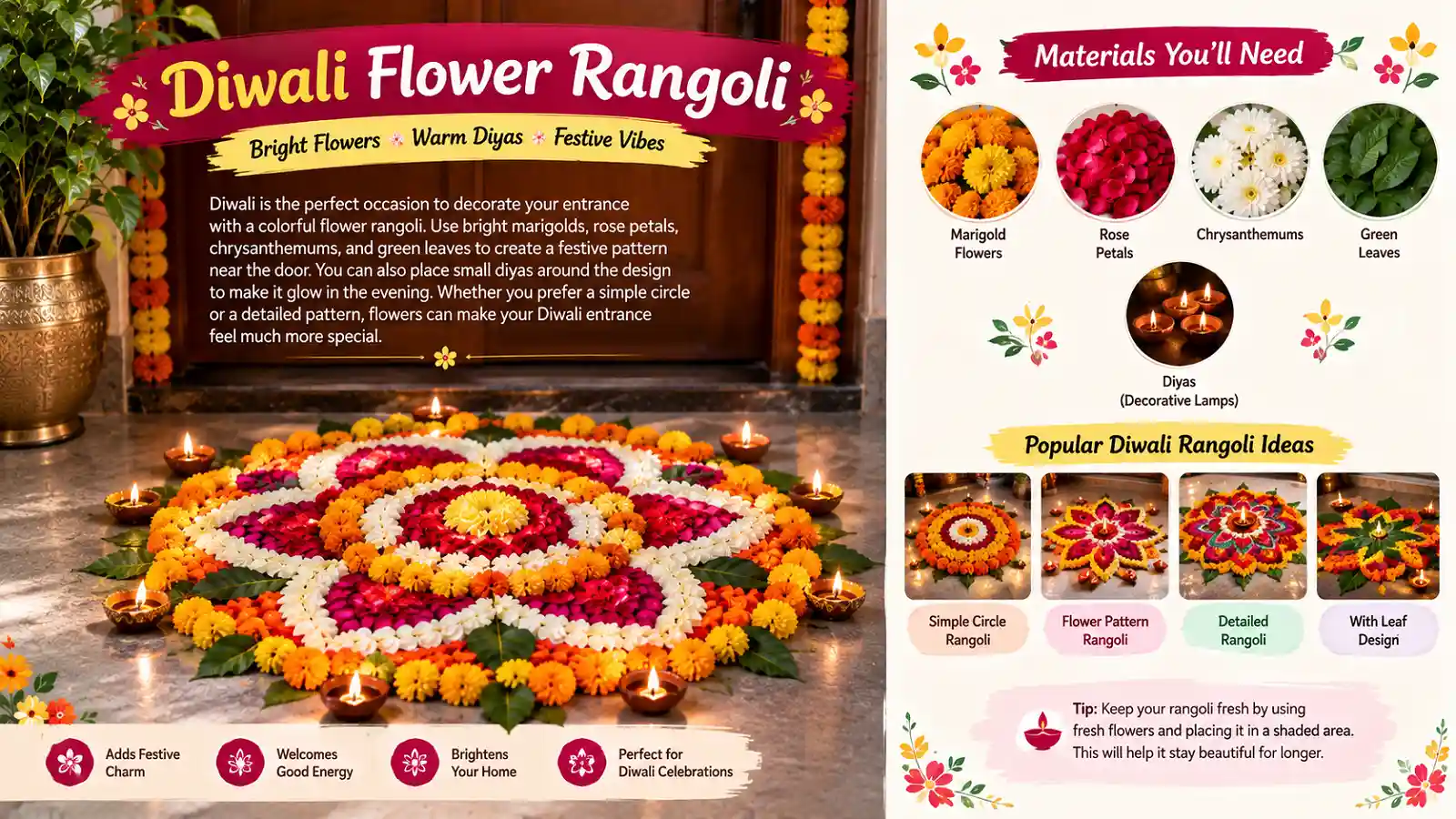 Colorful Diwali flower rangoli with marigolds rose petals and diyas