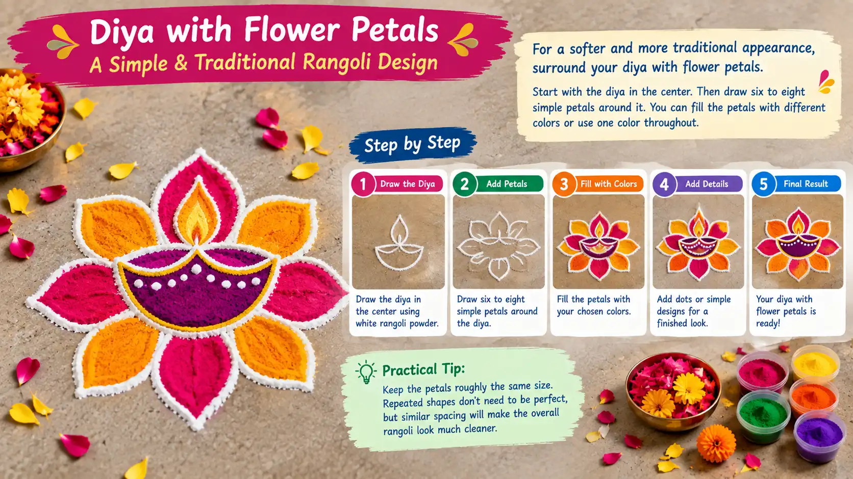 Diya with flower petals simple traditional rangoli design