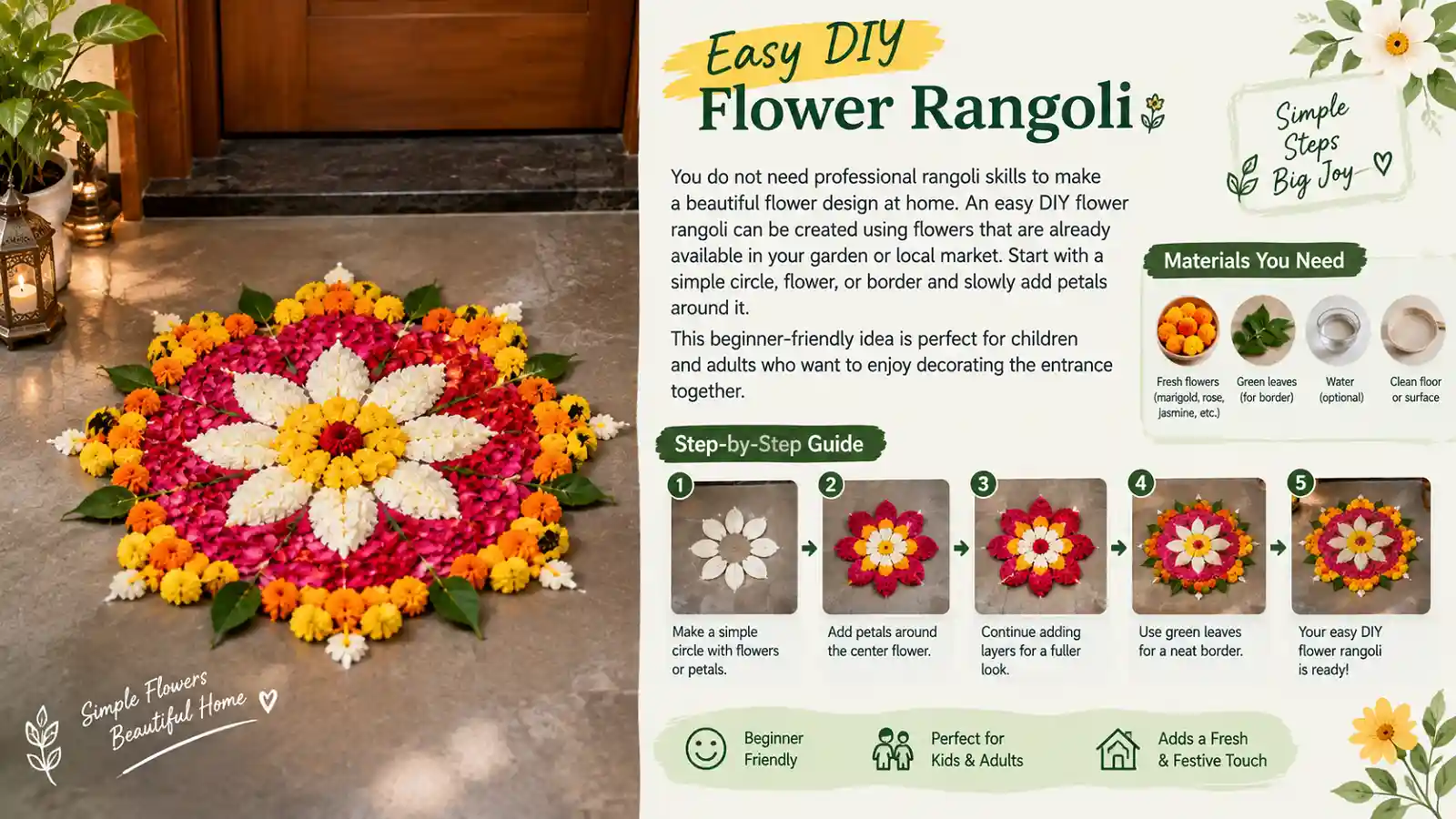 Easy DIY flower rangoli design made with colorful flower petals