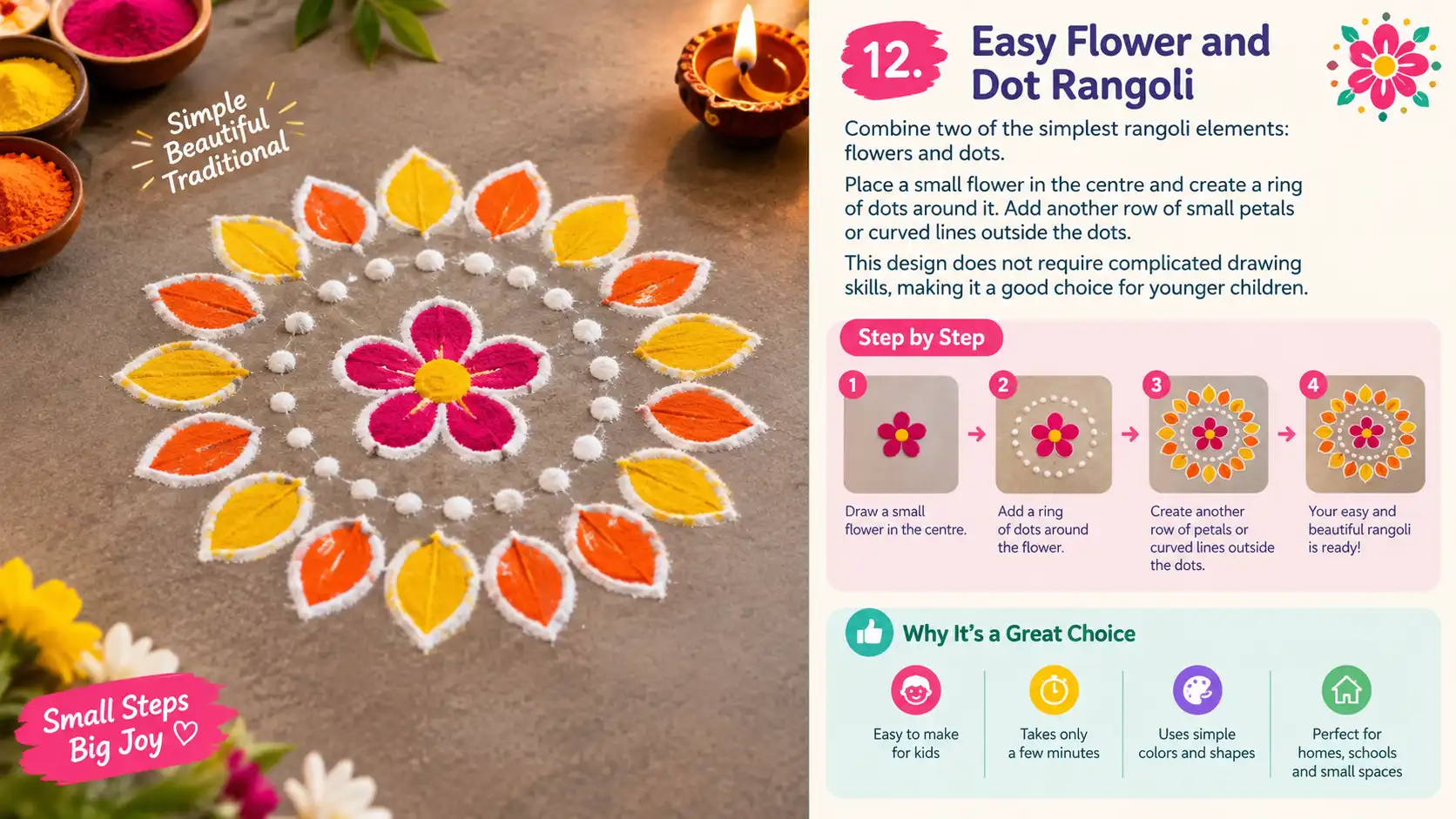 Easy flower and dot rangoli design