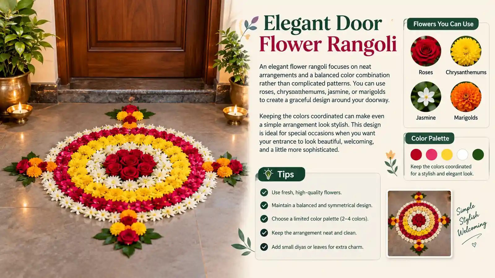 Elegant door flower rangoli design with roses jasmine chrysanthemums and marigolds