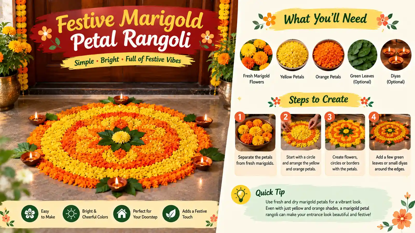 Festive marigold petal rangoli design for door